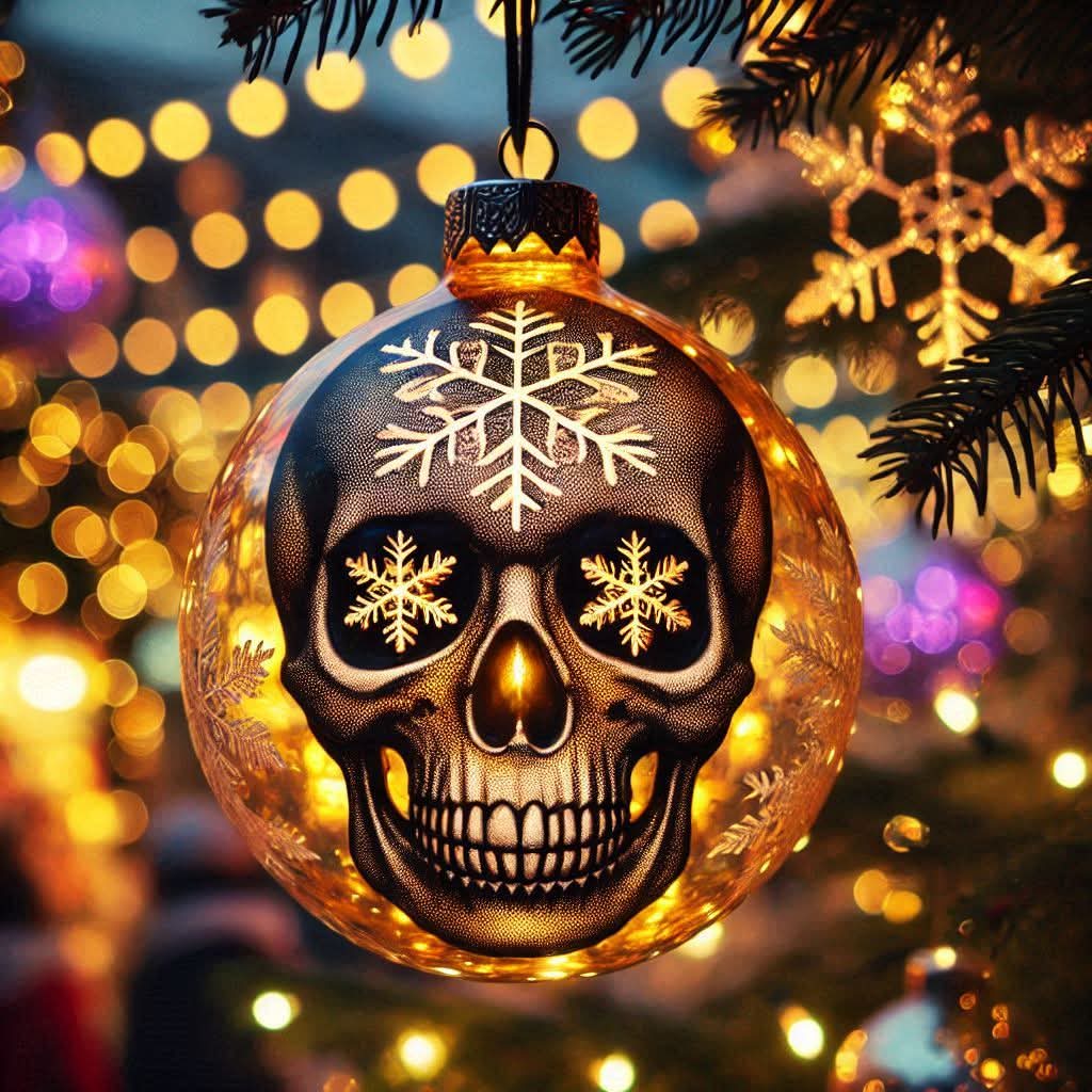 Glowing Christmas tree ornament with a skull design and white snowflakes against blurred holiday lights