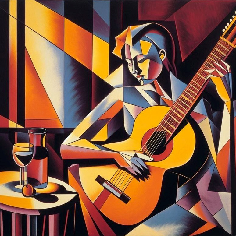 Cubist style painting of person playing yellow acoustic guitar with geometric angular shapes in orange, blue and yellow tones