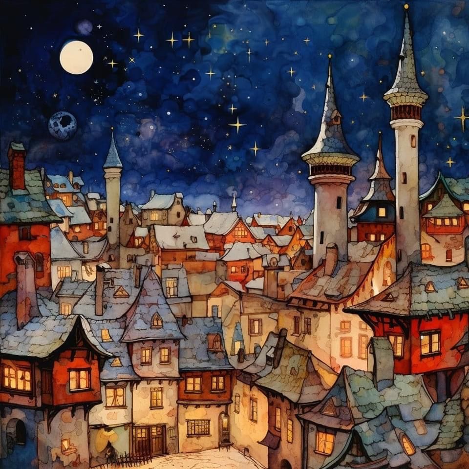 Fantasy village with towers and warm-lit houses under starry night sky with full moon