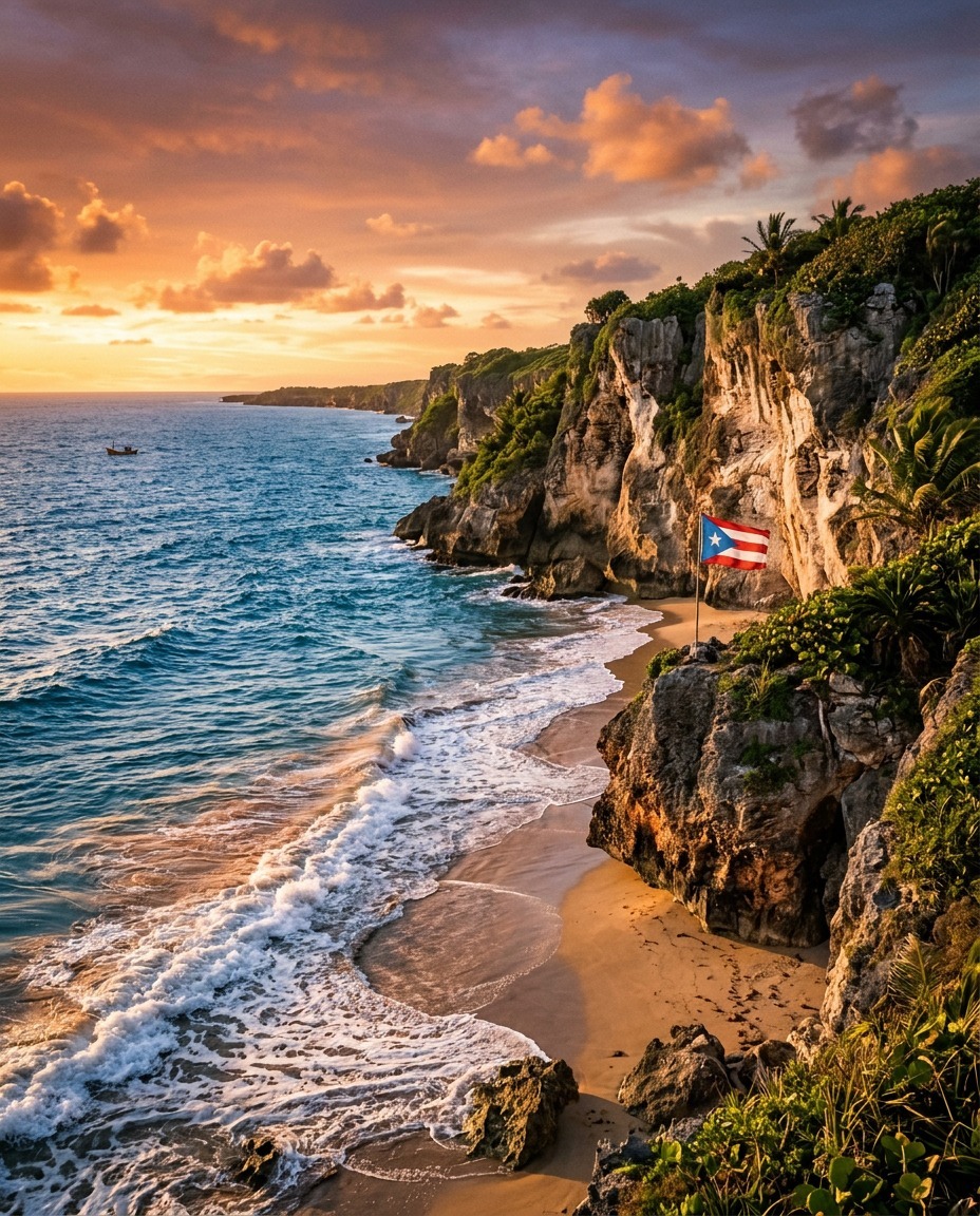 Sunset over a small beach and rocky cliffs in Isabela, Puerto Rico, with ocean waves and a flag