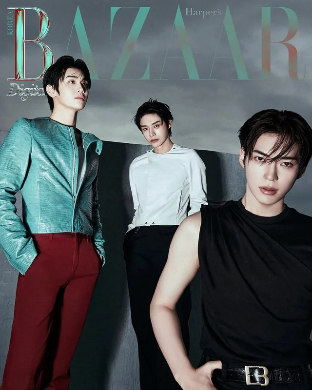 Three young men in stylish outfits posing for Harper's Bazaar magazine cover with teal background