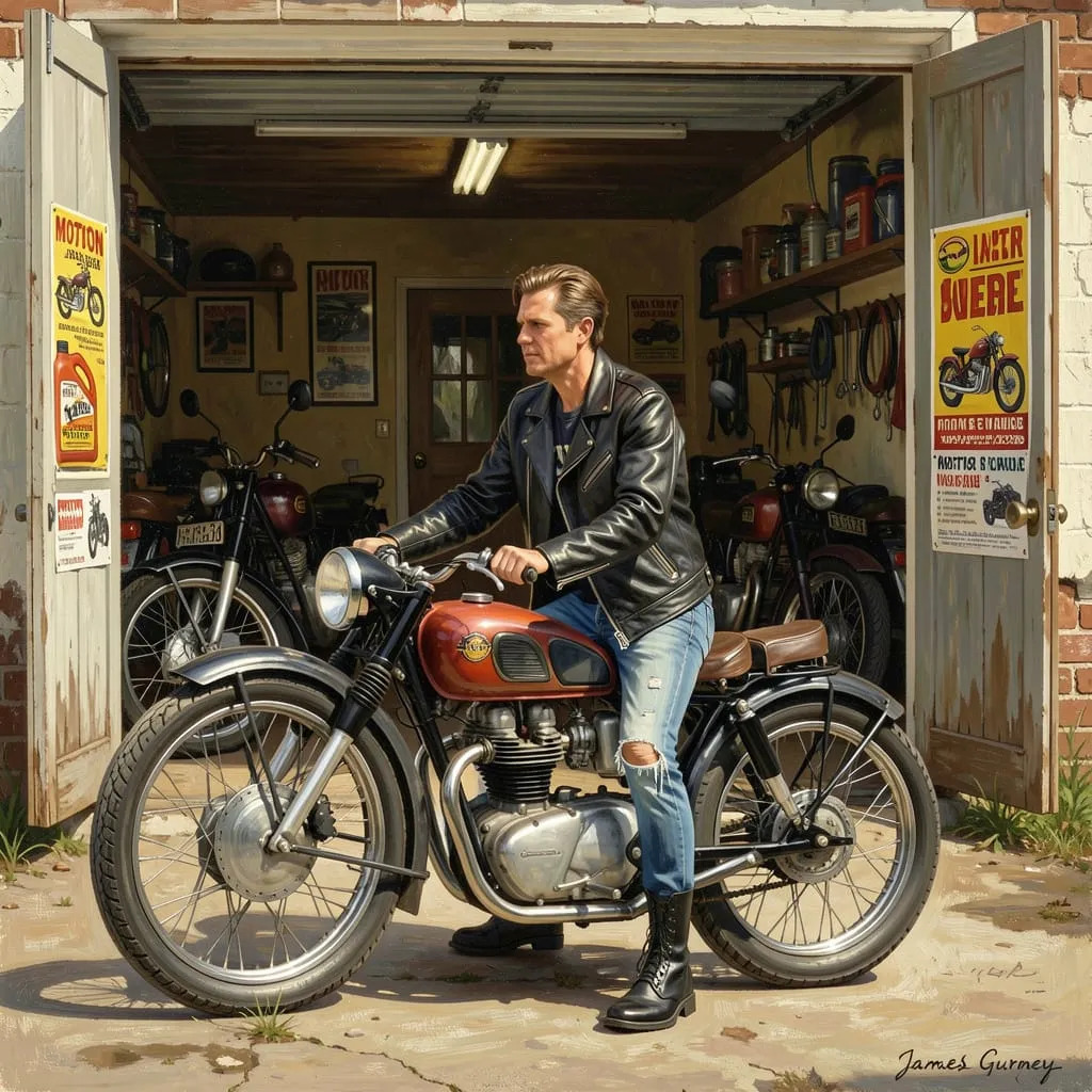 Man on a vintage motorcycle in an open garage with other motorcycles behind him