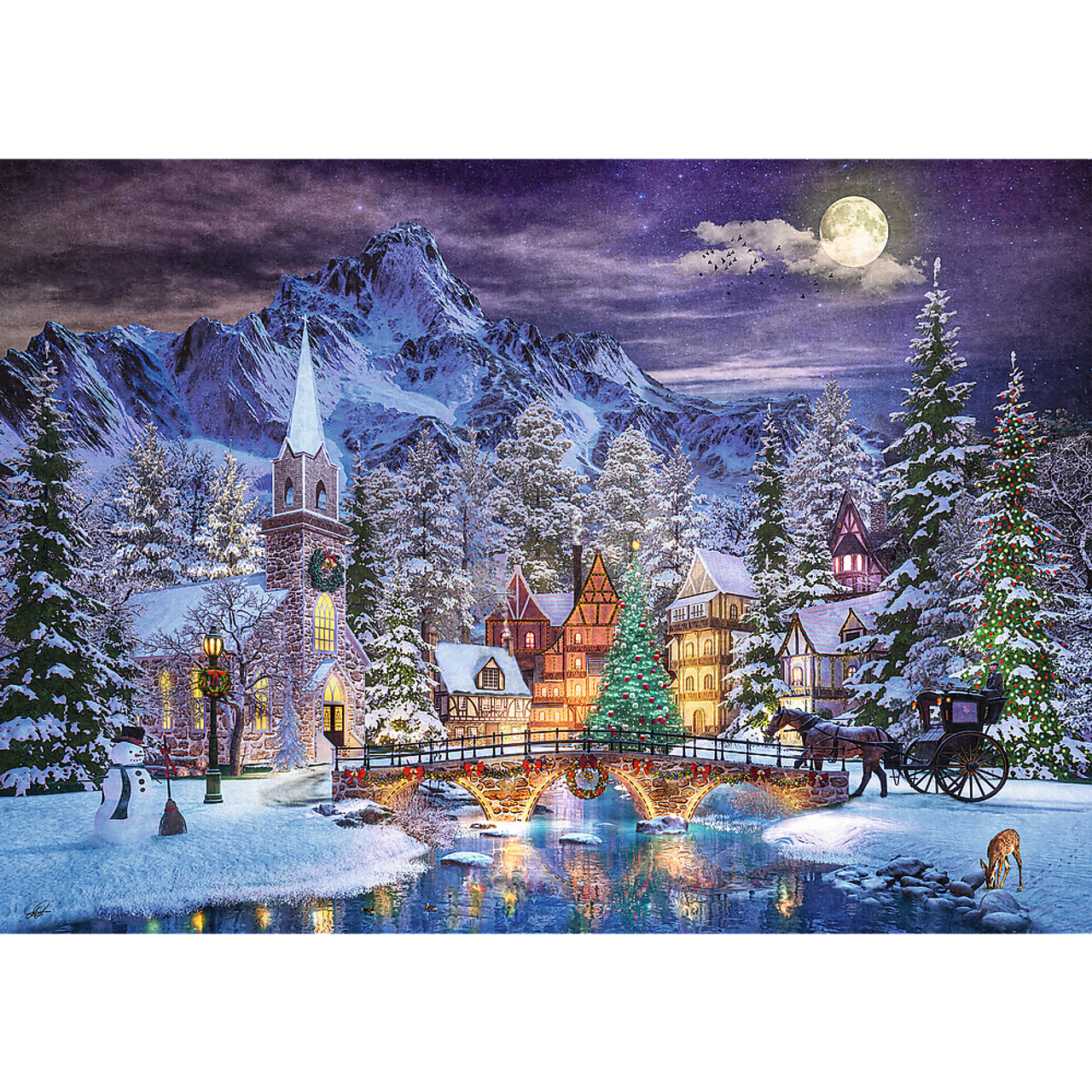 Snowy winter village at night with glowing houses, church, pond, and mountains under full moon