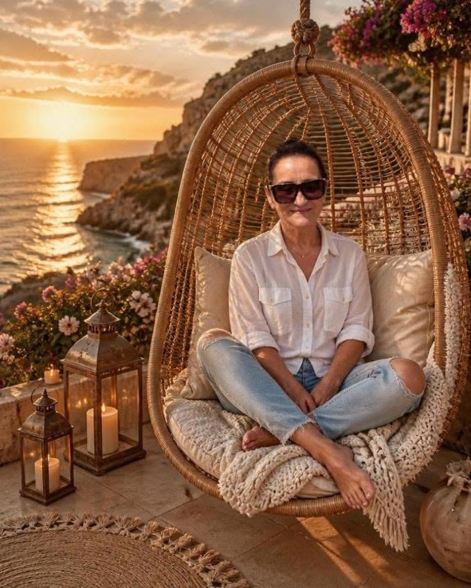 Woman in sunglasses sitting cross-legged in wicker egg chair on coastal terrace at sunset