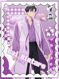 Anime character in purple coat with black hair and glasses on checkered background