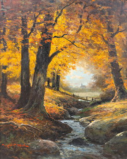 Painting of an autumn forest with golden trees, a winding stream, and a small bridge