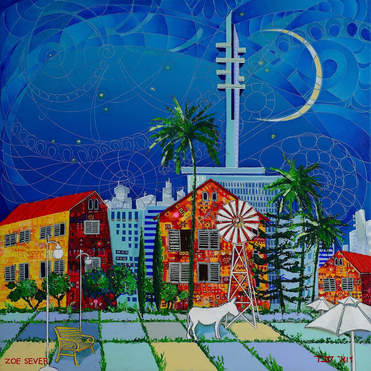 Naive folk art painting of Tel Aviv cityscape with colorful buildings, palm trees, and crescent moon in blue night sky