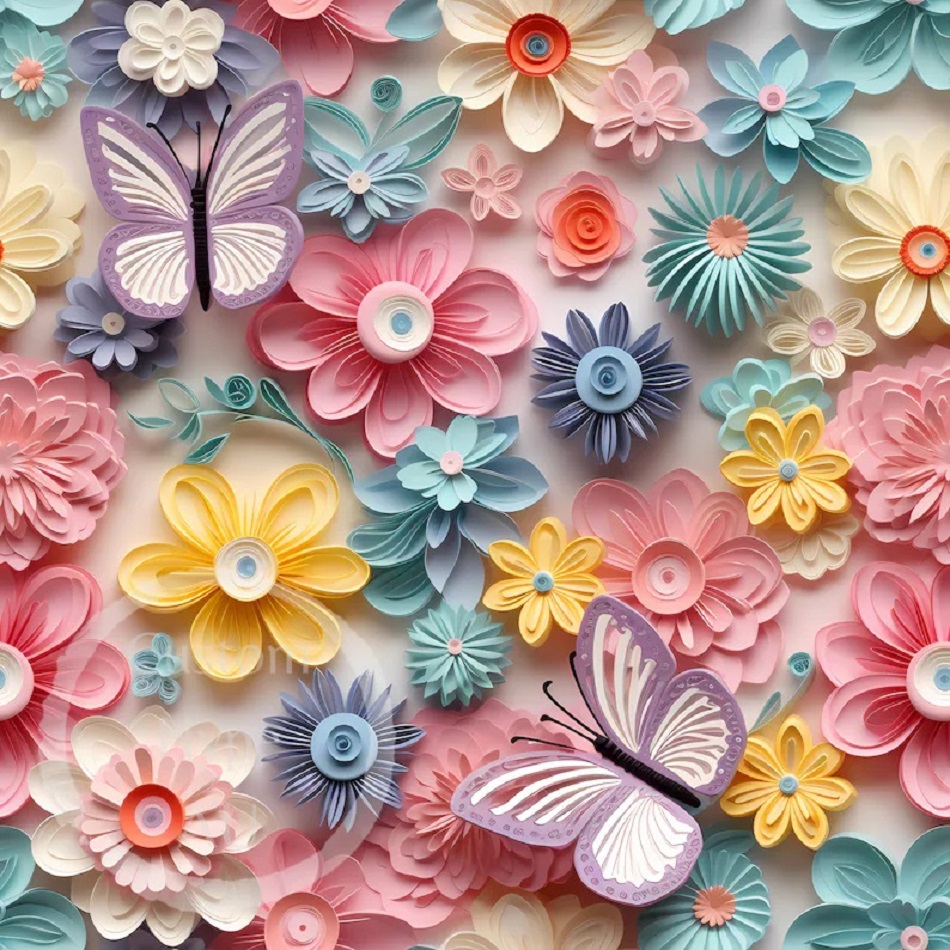 Pastel paper flowers and butterflies in pink, blue, yellow arranged in decorative pattern
