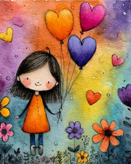 Illustrated girl in orange dress holding heart balloons on rainbow watercolor background with flowers