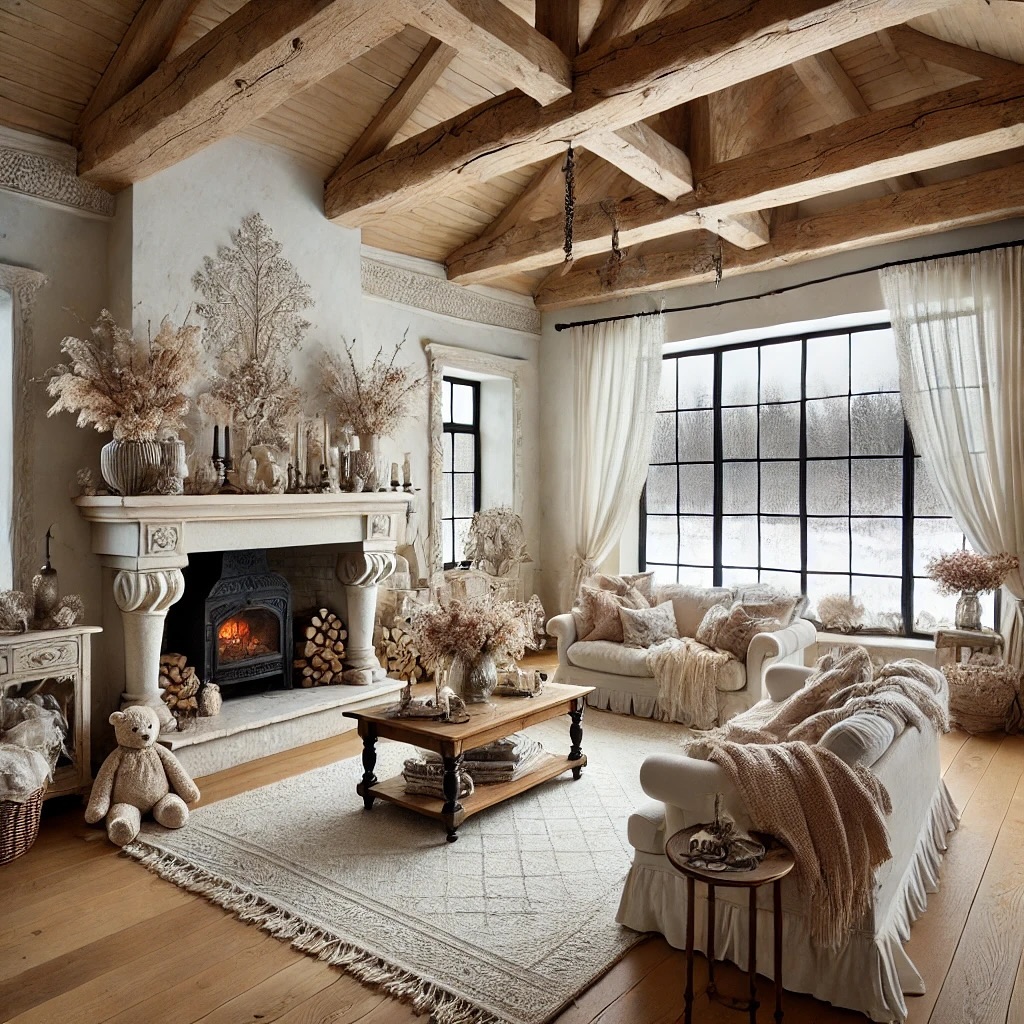 Cozy rustic living room with wood beams, fireplace, sofas, and large windows