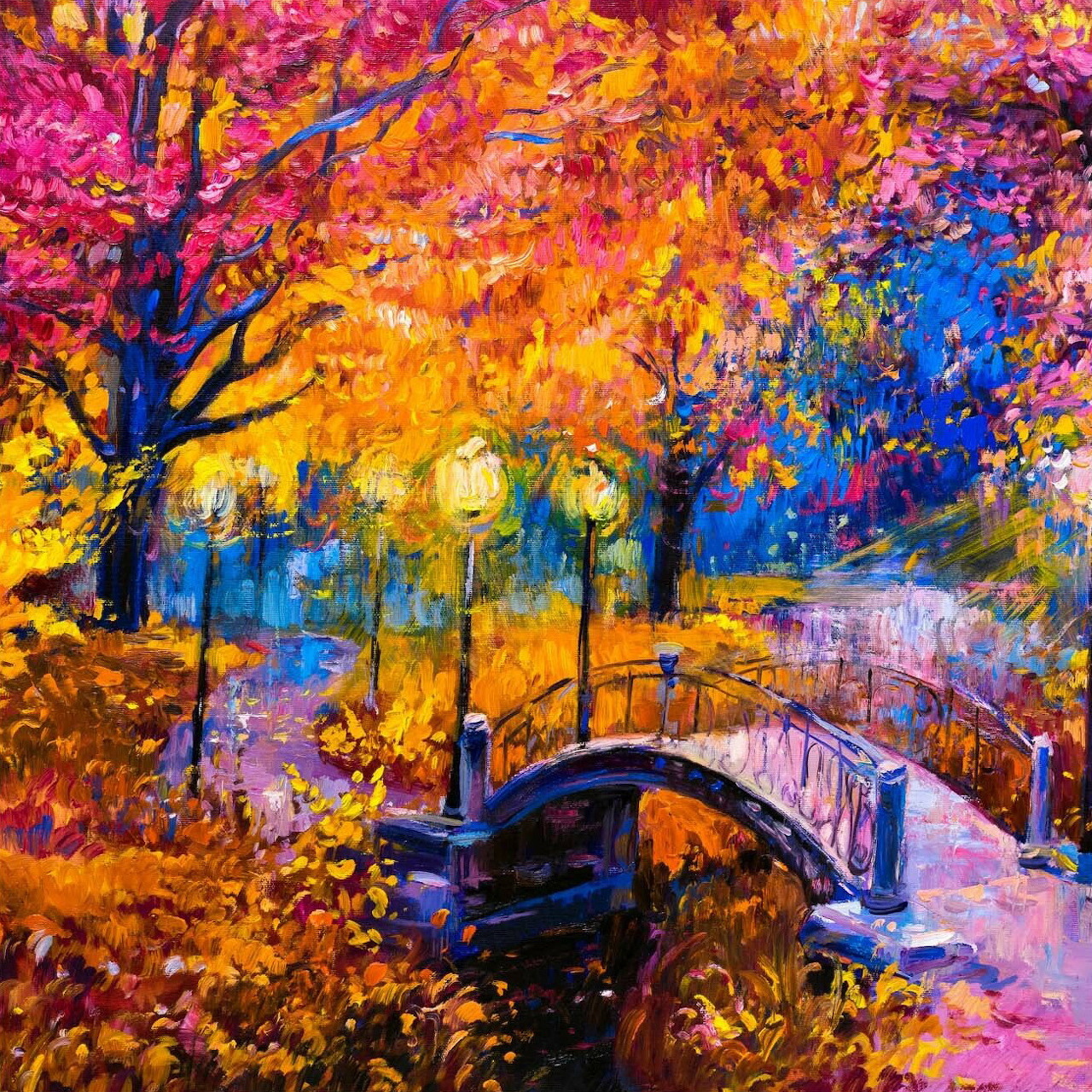 Impressionist painting of park bridge under brilliant autumn trees with orange, pink and blue colors