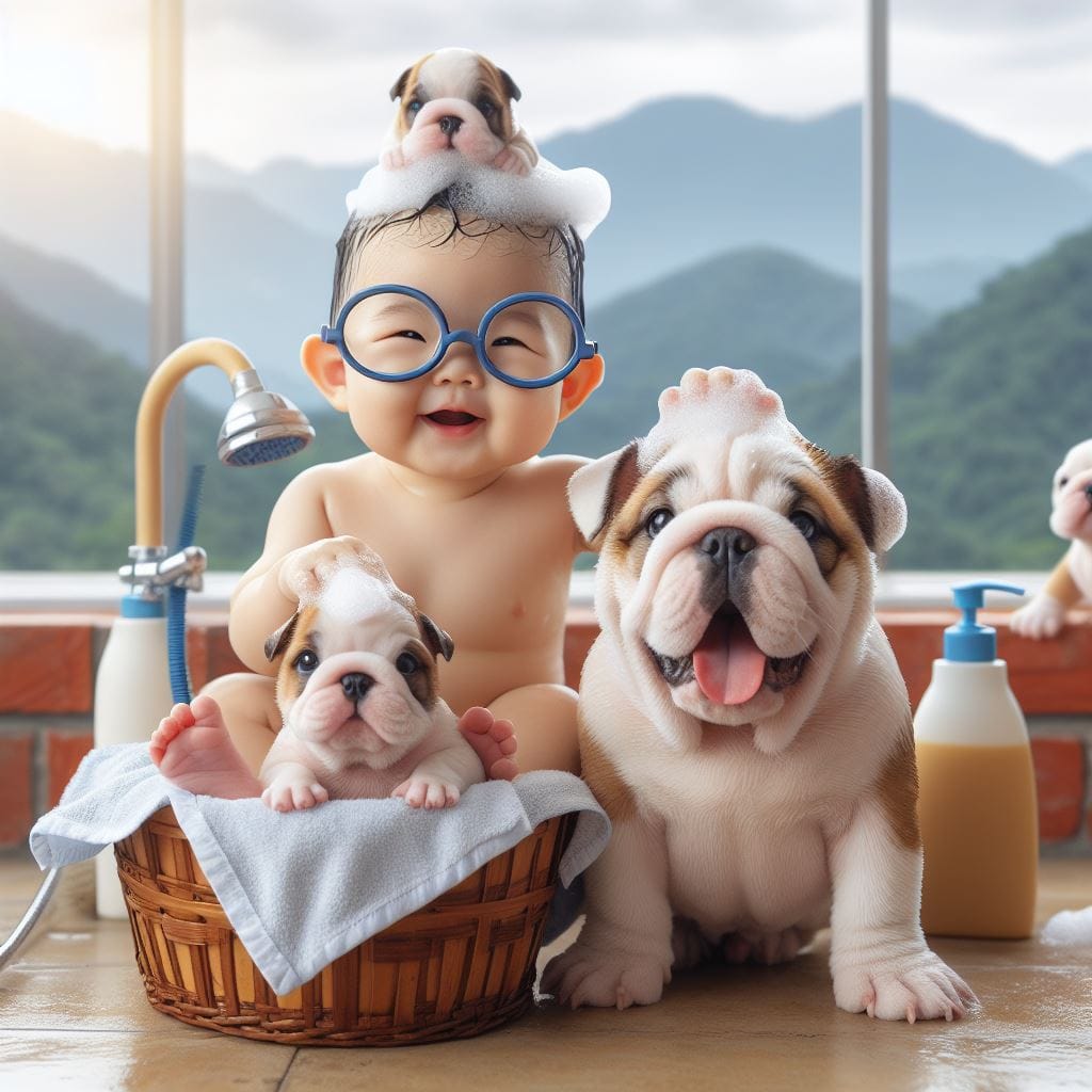 Baby with glasses in basket bath with four bulldog puppies and bath products on wooden deck with mountain view