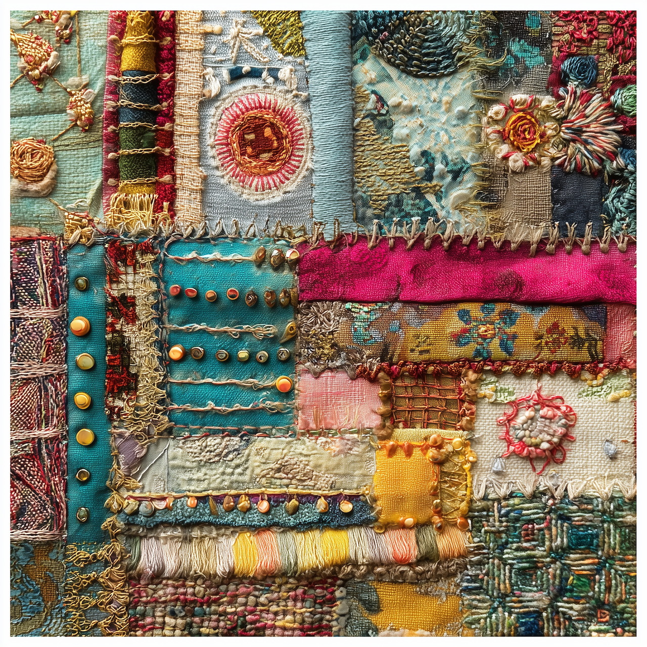 Colorful patchwork quilt with embroidered flowers, beads, buttons and decorative stitching in varied fabric squares