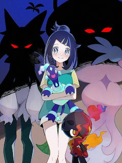 Anime girl with blue hair and teal outfit standing with small Pokemon creatures against dark silhouettes with red eyes