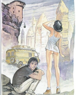 Watercolor illustration of a woman in a short dress and a crouching man with rock spires and a vehicle in the background