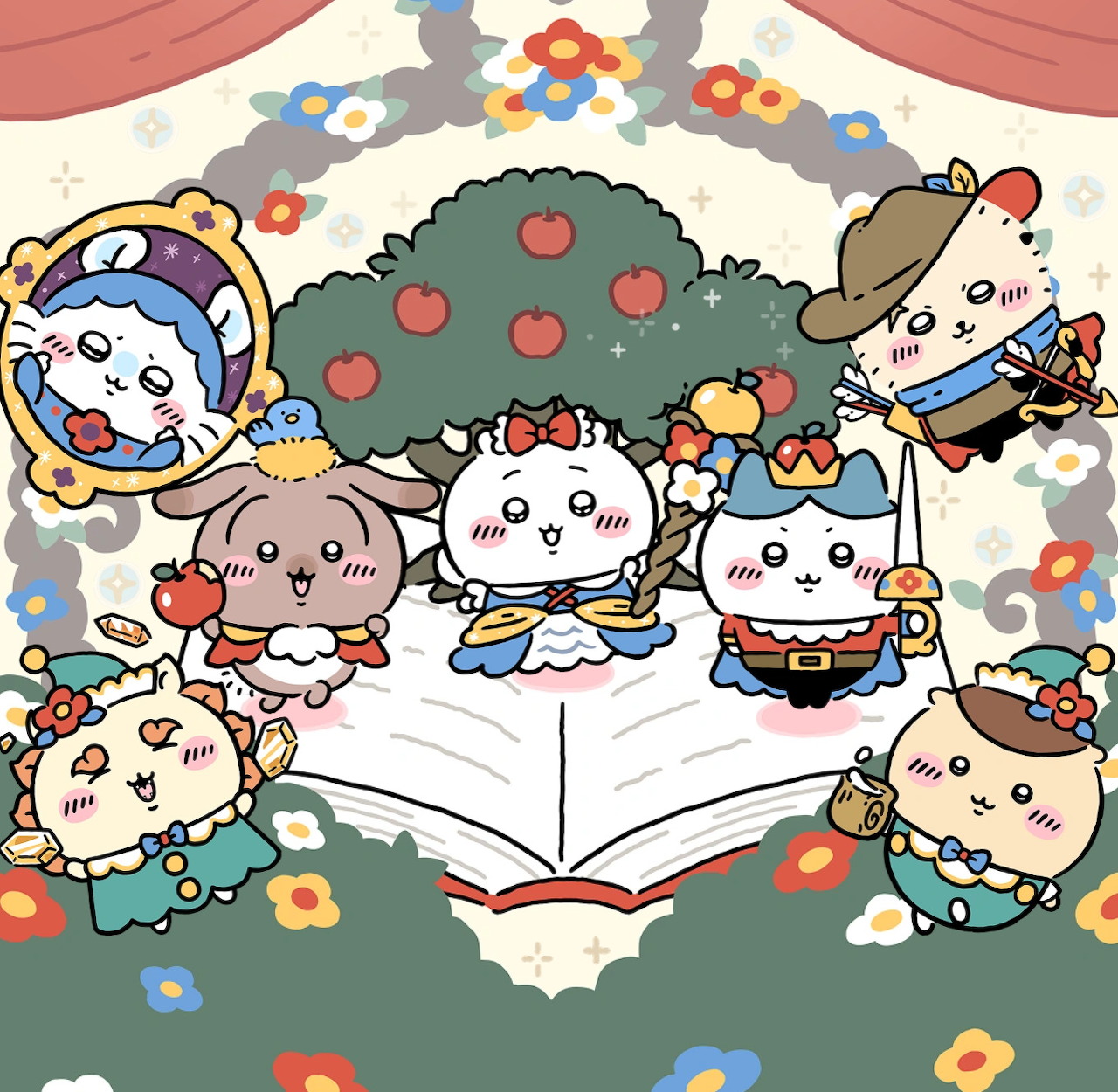 Cute Chiikawa-style cartoon characters around an open book with apples and flowers