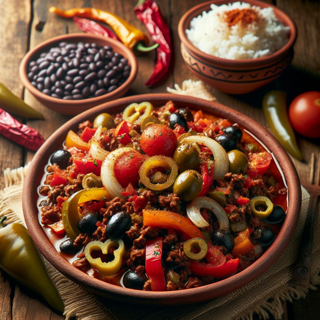 Bowl of picadillo with olives and peppers, served with rice and beans on wooden surface