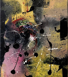 Abstract painting with black paint splatters and white lines over pink, gold, and dark textured areas
