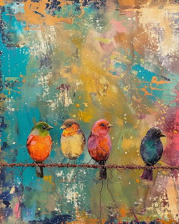 Abstract painting of four small birds sitting on a wire with vibrant turquoise, orange, and purple brushstroke background