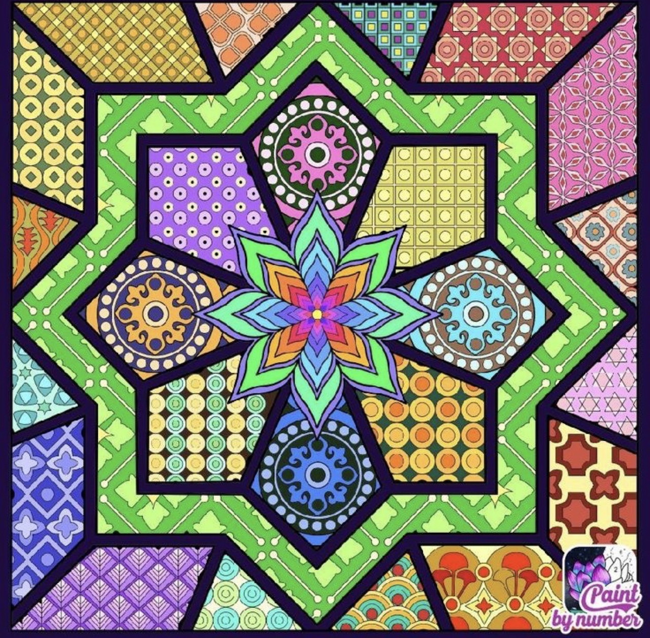 Colorful geometric mandala with symmetrical star pattern and intricate decorative borders in multiple vivid colors