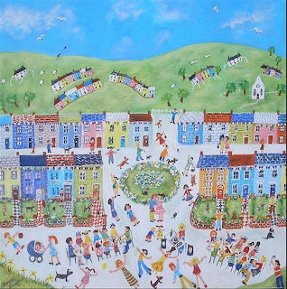 Naive art painting showing colorful village houses around a busy town square with people and trees
