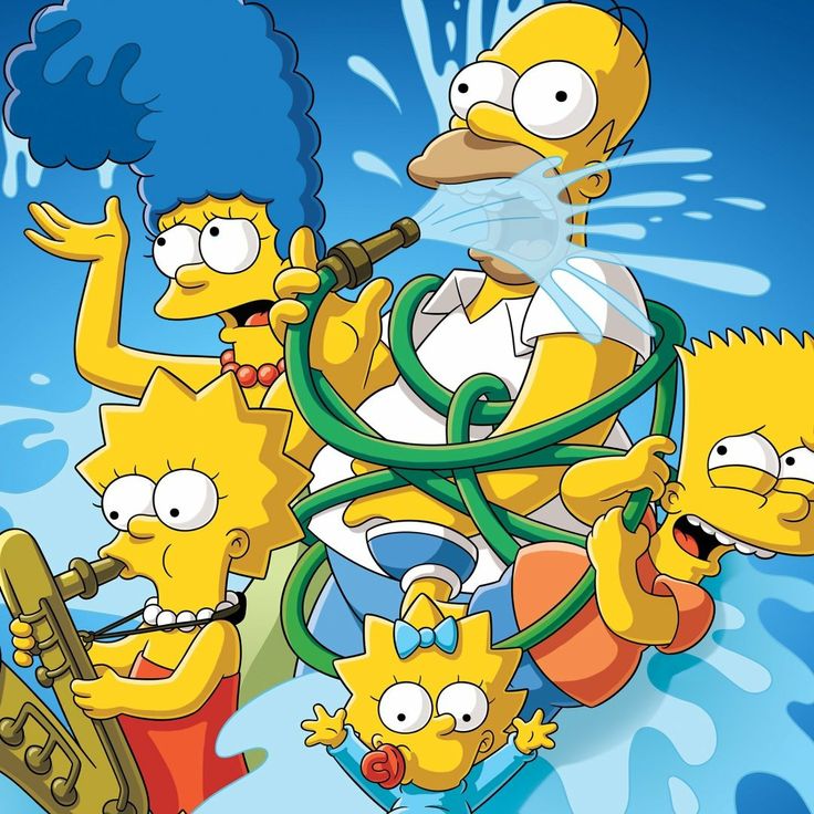 Cartoon illustration of the Simpson family playing in a pool with Homer floating on an inflatable ring