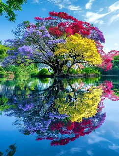 Multicolored tree beside a calm lake with a vivid reflection in blue water