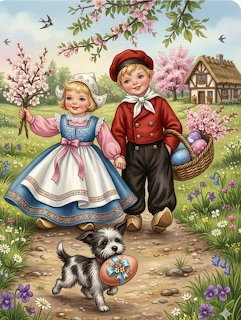 Vintage illustration of a boy and girl in traditional clothing walking with a small dog on a spring path with Easter basket