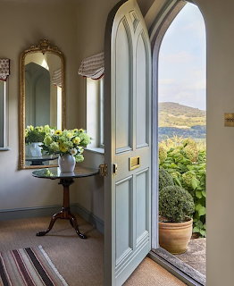 Open French door framing mountain view with poted plant and flowers on interior table