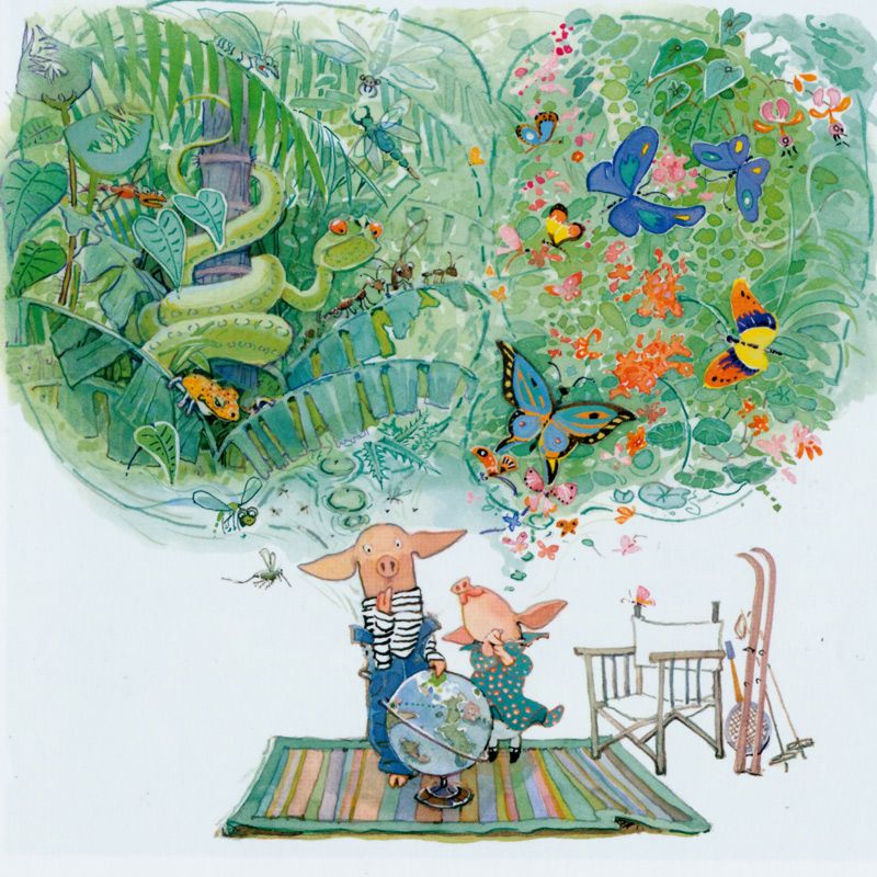 Illustration of two pigs under leafy plants with butterflies, a globe, chair, and flowers