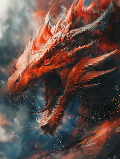 Close-up of a red dragon with open mouth and sharp teeth amid fire and smoke