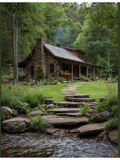 Rustic log cabin in a forest clearing beside a stream with stone steps and garden plants