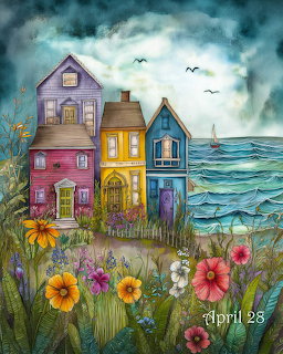 Painting of colorful seaside houses with wildflowers, ocean waves, and a cloudy sky