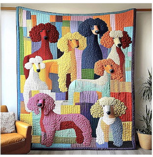 Quilted wall hanging with seven colorful poodle silhouettes on multicolored patchwork squares