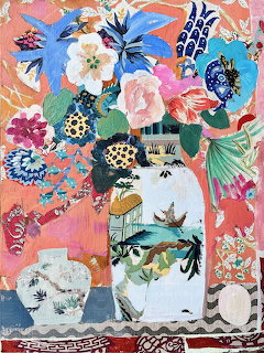 Colorful painting of flowers in ornate vases with butterflies and patterns on coral background
