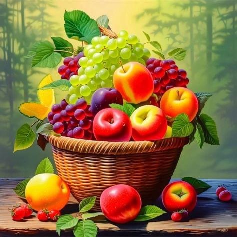 Painting of a wicker basket filled with colorful fruits including apples, grapes, and peaches with green leaves