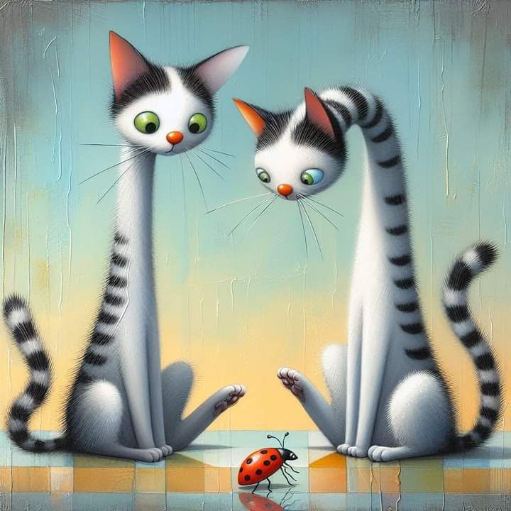 Two whimsical cartoon cats with striped tails and green eyes sitting together with a ladybug