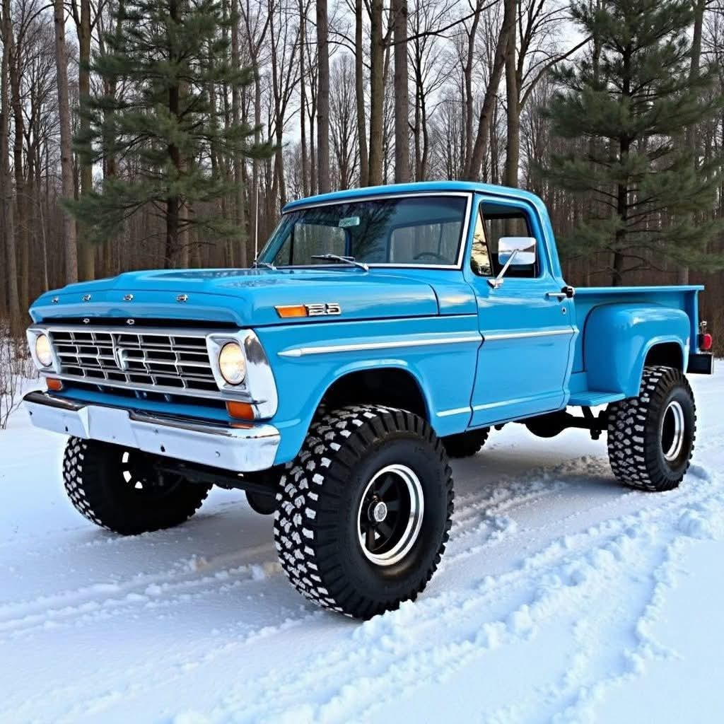 Restored blue Ford 4x4 pickup truck with large tires on snowy winter road surrounded by bare trees