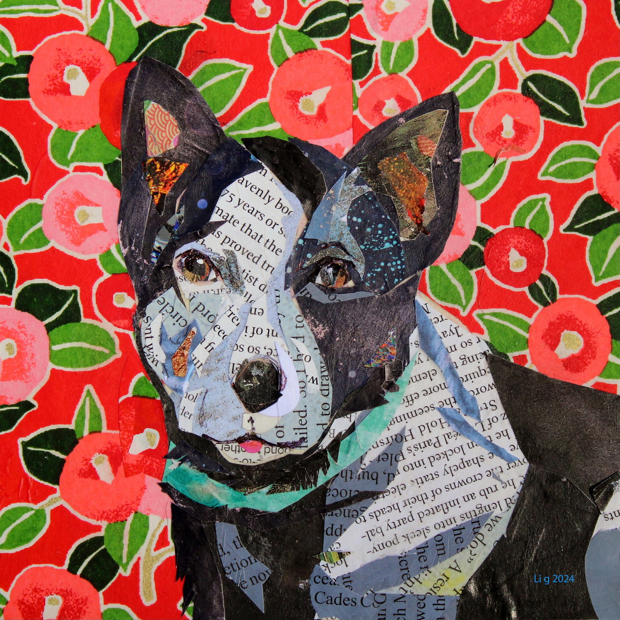 Collage art of black and white dog with text fragments on colorful red flower background