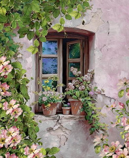 Rustic window with wooden shutters, pink flowering vines, and potted plants on aged wall