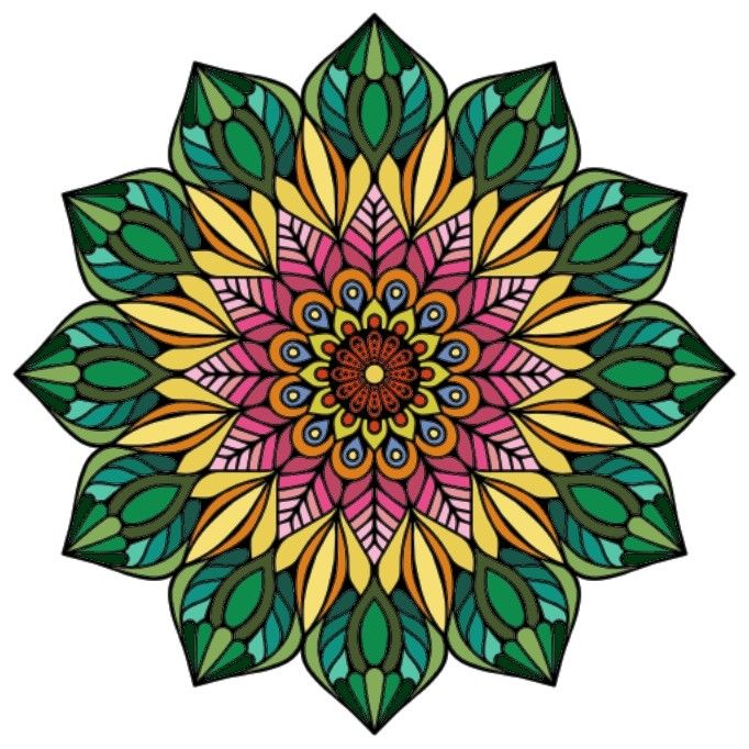 Colorful symmetrical mandala with teal, yellow, and magenta petals in concentric circular pattern