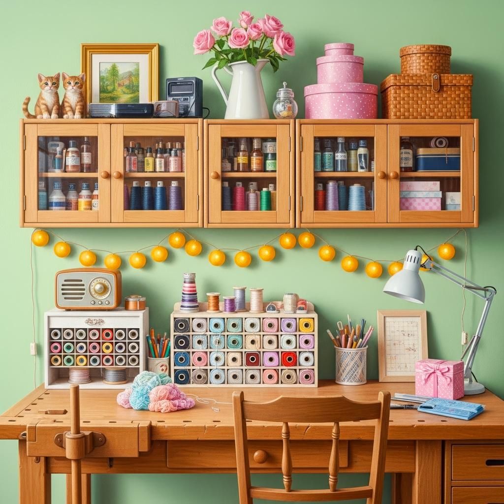 Organized craft room with wooden cabinets filled with thread spools, vintage sewing machines on wooden desk