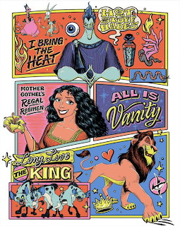 Three-panel comic collage of Disney villain characters in vibrant retro illustration style