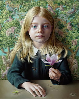 Oil painting of blonde girl in dark dress holding pink magnolia flower against green floral wallpaper
