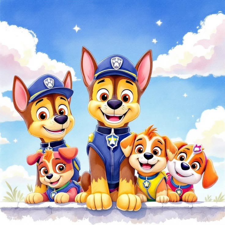 Four happy cartoon puppies wearing blue outfits sit together beneath a bright sky