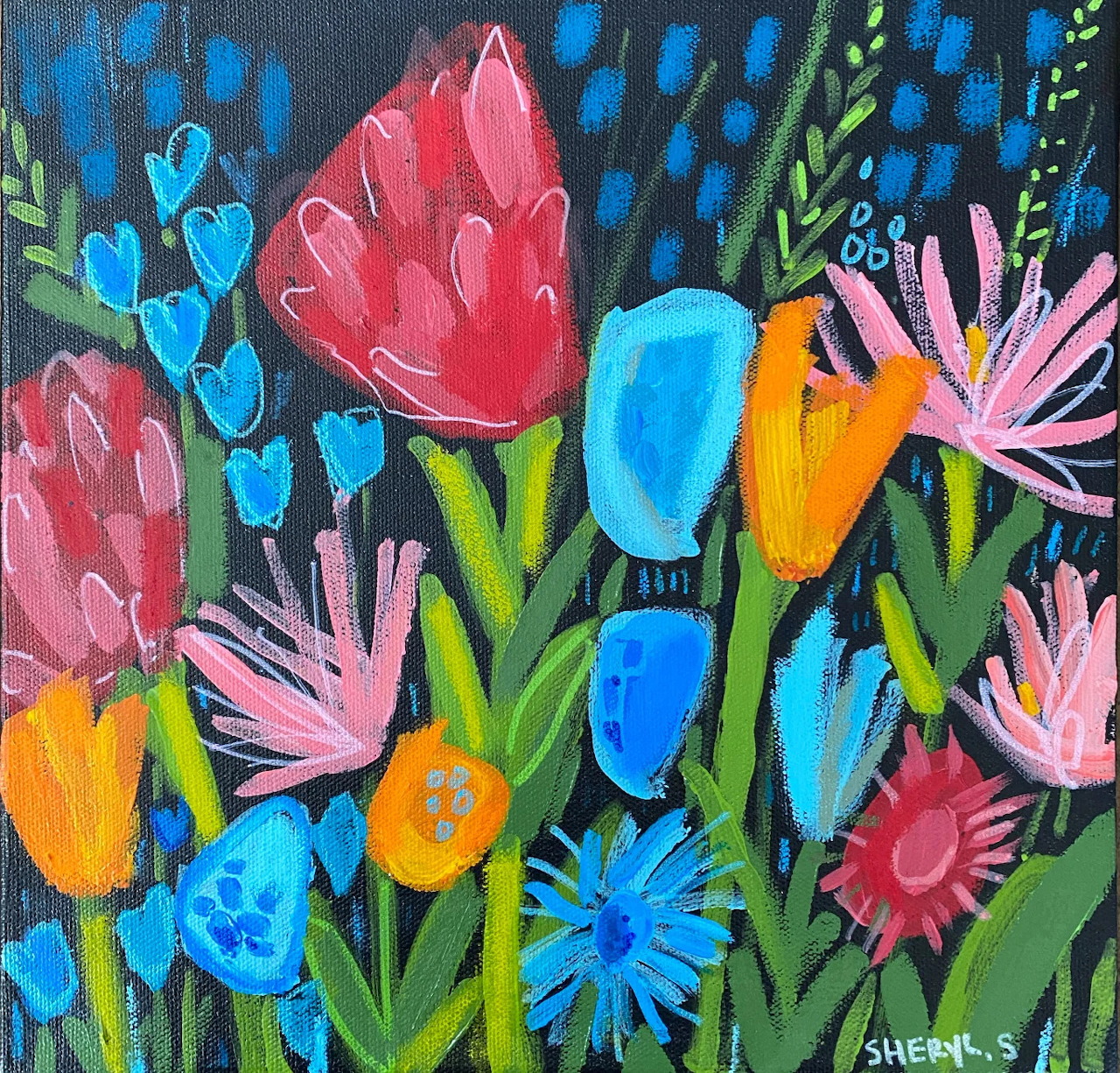 Abstract painting of bright colorful flowers including pink tulips, blue and orange blooms with green stems on dark background