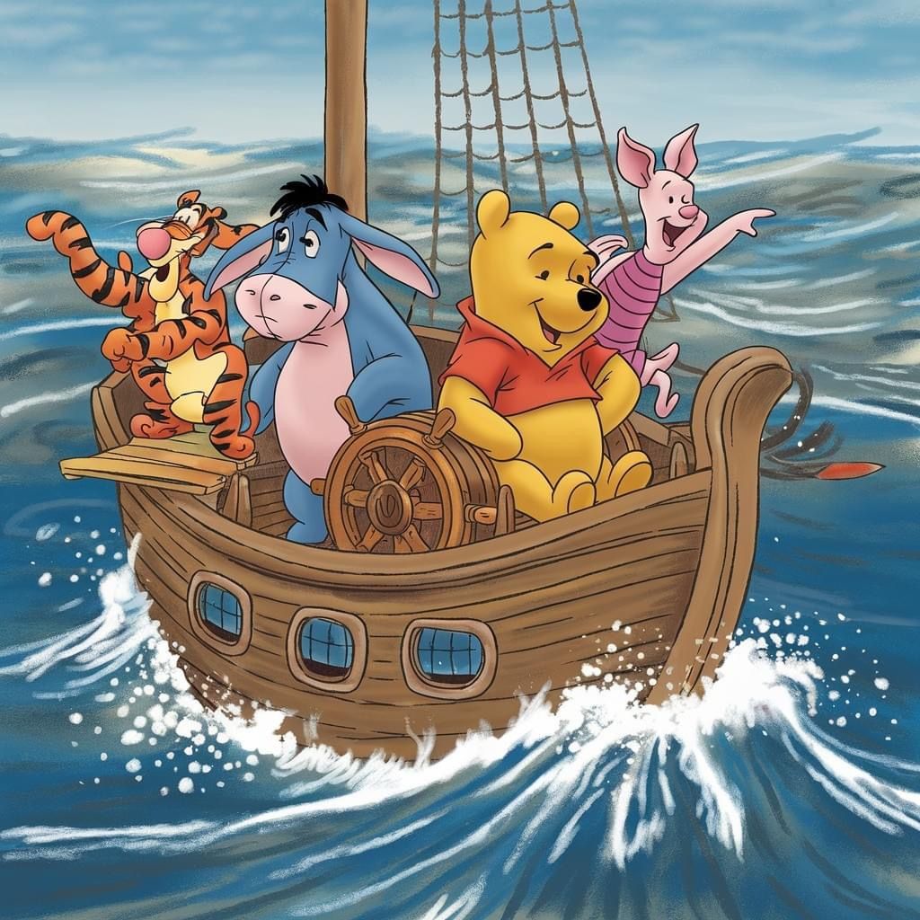 Winnie the Pooh and friends sailing on a wooden boat in the ocean
