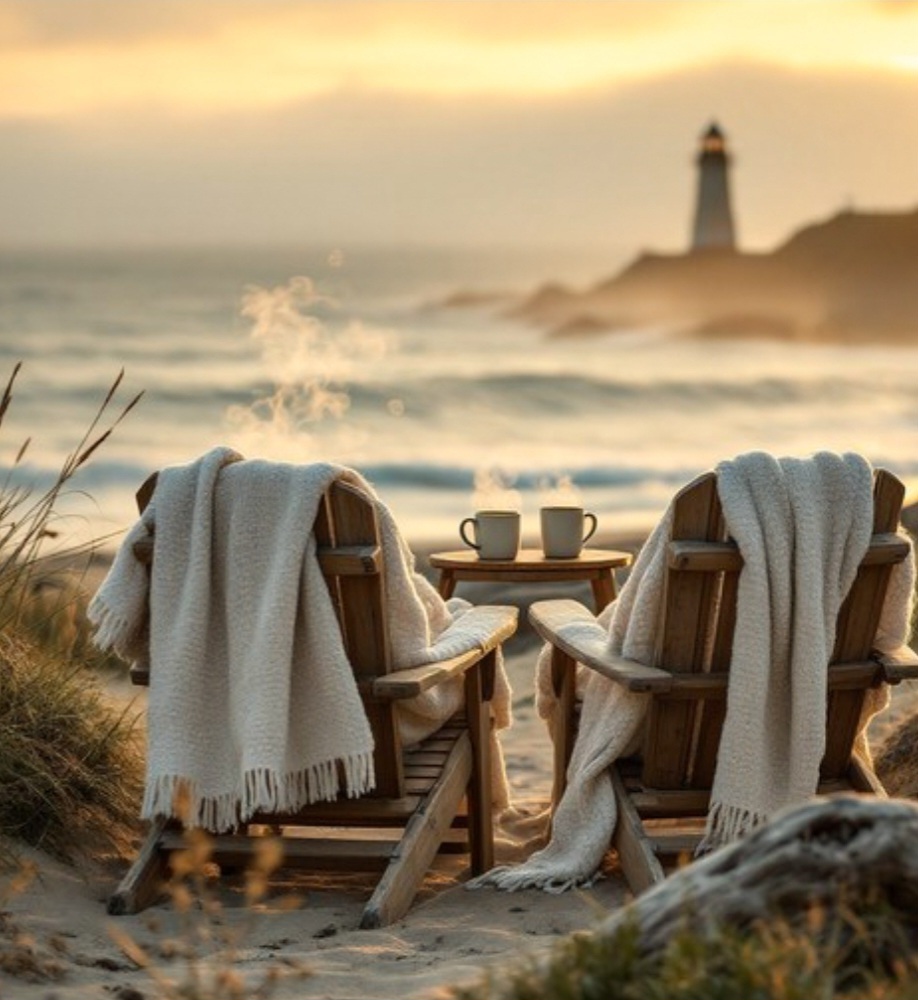 Two blanket-draped wooden beach chairs with steaming mugs overlooking the ocean and a distant lighthouse at sunset.