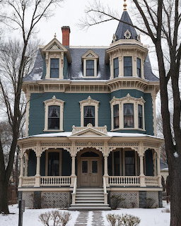 Ornate teal Victorian house with white trim and wraparound porch surrounded by snow and bare trees