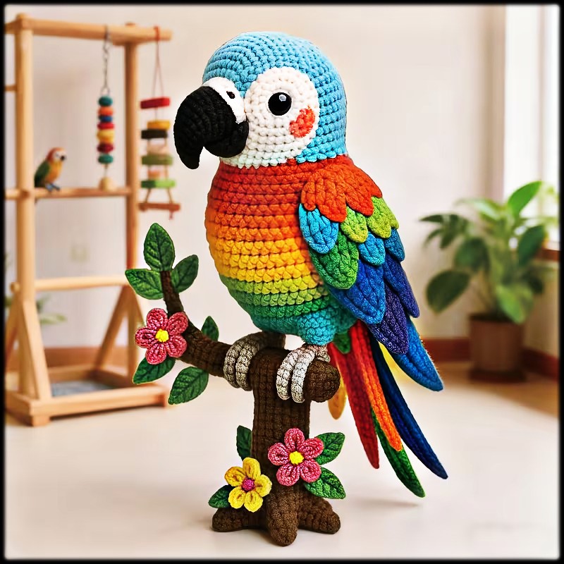 Colorful crocheted parrot toy on branch with flowers
